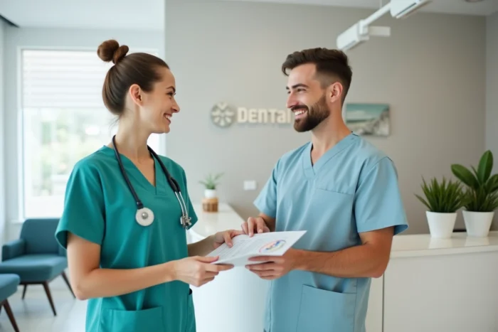 Réceptionniste d'une clinique dentaire internationale accueillant un patient et lui remettant une brochure multilingue