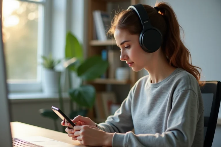 Jeune femme connectant son casque Sony WH-1000XM5 via Bluetooth à son smartphone dans un bureau moderne