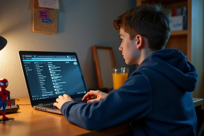 Adolescent consultant la liste chronologique des films Spider-Man Tom Holland sur son ordinateur portable dans sa chambre