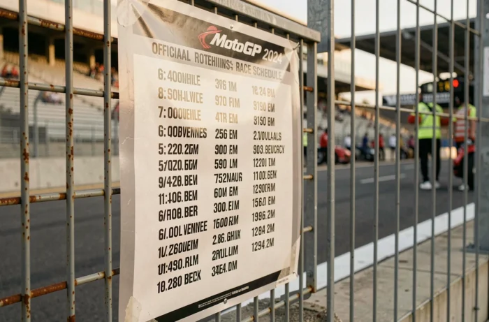 Affiche officielle du calendrier MotoGP 2024 affichée sur la clôture d'un circuit de course