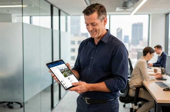 Agent immobilier consultant le plan du site Immolink sur une tablette dans une agence moderne