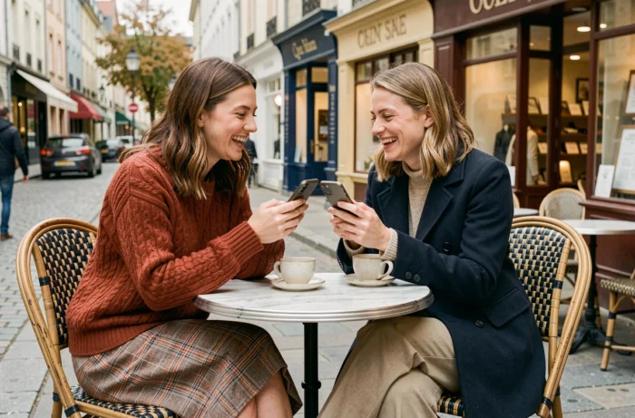 Deux amies stylées discutant de tendances mode sur une terrasse de café à Quimper en tenues automnales inspirées du style breton