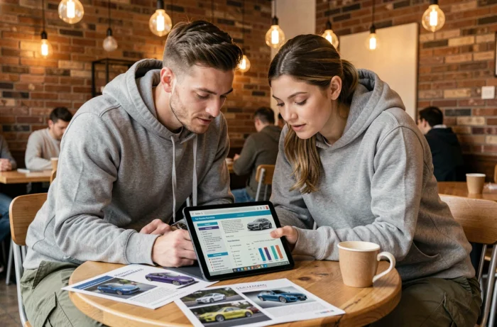 Deux amis passionnés de voitures consultant des tendances automobiles sur une tablette dans un café urbain