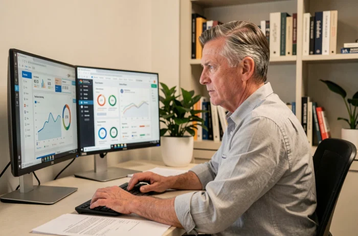 Chef d'entreprise analysant des tableaux de bord de performance B2B sur deux écrans dans son bureau