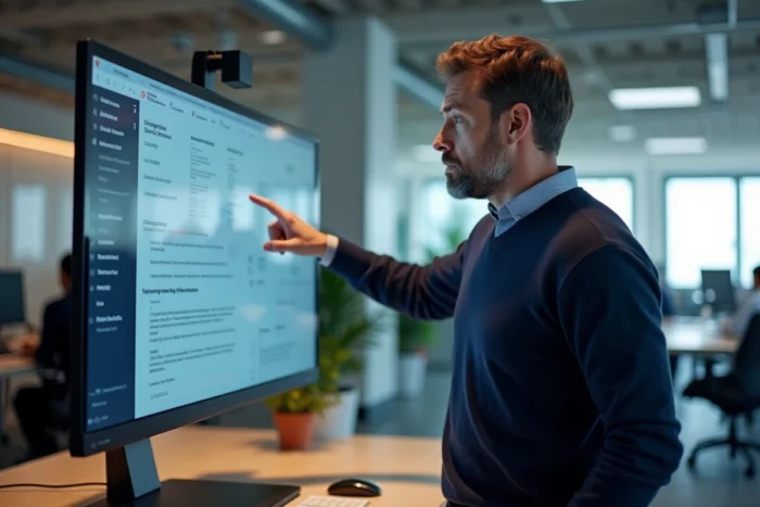 Homme analysant un plan de navigation de site web sur un grand écran dans un bureau moderne