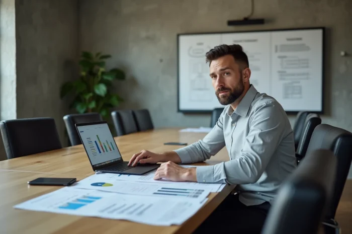 Professionnel analysant des projections financières et des portefeuilles immobiliers dans une salle de réunion moderne