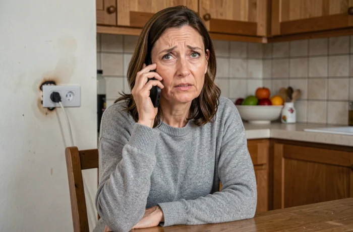 Femme appelant un électricien d'urgence depuis sa cuisine après une panne électrique visible sur une prise murale
