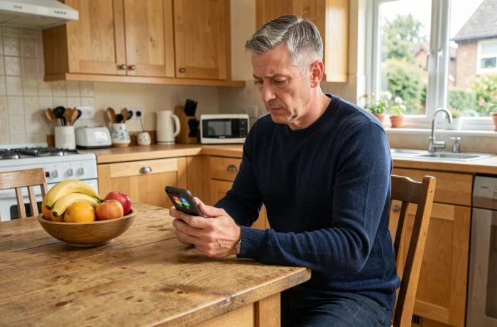 Homme d'âge mûr regardant son smartphone avec un appel entrant d'un numéro +33 806 inconnu, assis dans une cuisine domestique chaleureuse