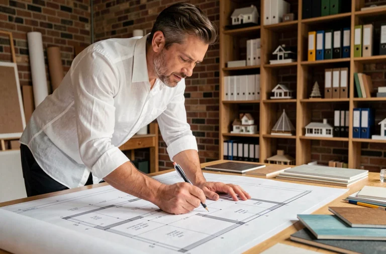 Architecte examinant des plans de construction sur mesure dans un studio professionnel