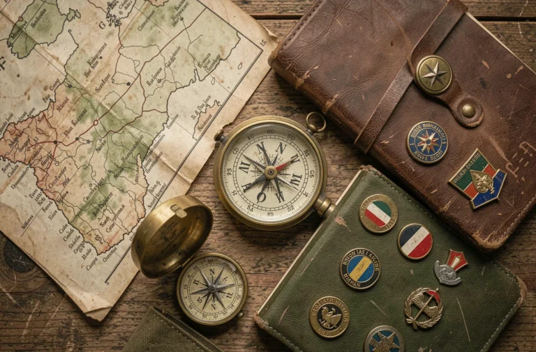 Artefacts historiques de la Seconde Guerre mondiale disposés sur une table en bois : cartes militaires, boussole en laiton et insignes de nations européennes alliées et de l'Axe
