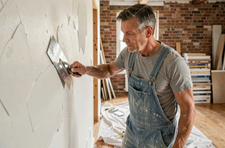Artisan en train de plâtrer un mur intérieur lors de travaux de rénovation d'une maison