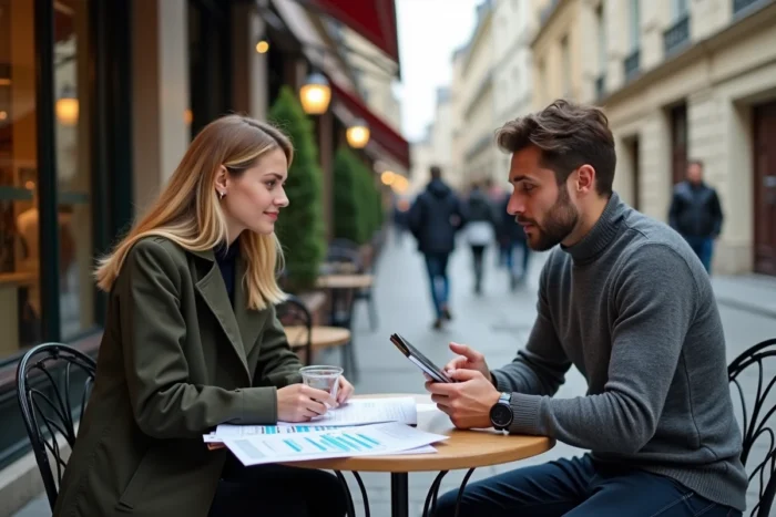 Deux associés discutant des projections financières pour le lancement de leur entreprise en terrasse