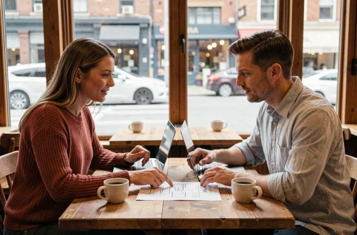 Deux associés discutant de leur stratégie de business en ligne autour d'un café avec des documents et des ordinateurs portables