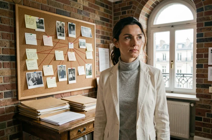 Femme en veste en lin devant un tableau de recherche biographique avec des fiches et des photographies dans un bureau éditorial parisien