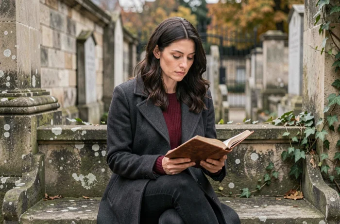 Femme pensive tenant un journal manuscrit dans un cimetière parisien historique évoquant la recherche des origines et de l'identité