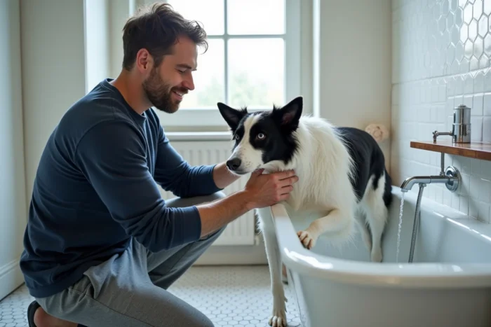 Propriétaire donnant un bain à son Border Collie dans une salle de bain moderne à domicile