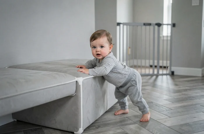 Bébé se relevant en prenant appui sur un banc rembourré dans un intérieur sécurisé et moderne