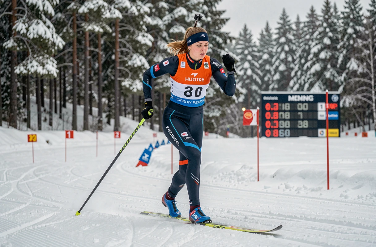 Biathlète en plein effort de ski de fond durant une épreuve de coupe du monde de biathlon féminin