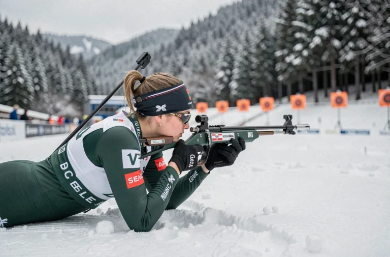 Biathlète féminine en position de tir couché sur le pas de tir lors d'une compétition de biathlon hivernal