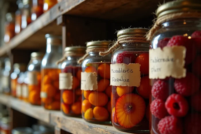 Rangée de bocaux de fruits macérés dans l'alcool sur une étagère de cave en pierre