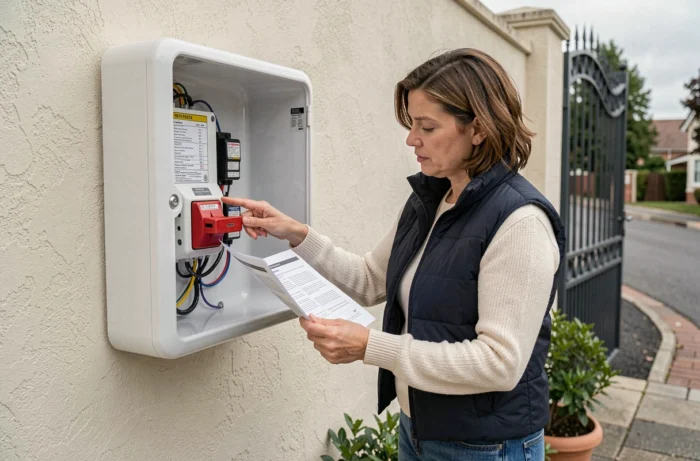 Femme consultant la notice d'un système d'automatisme de portail Beninca pour activer le déblocage de secours sur le boîtier de commande
