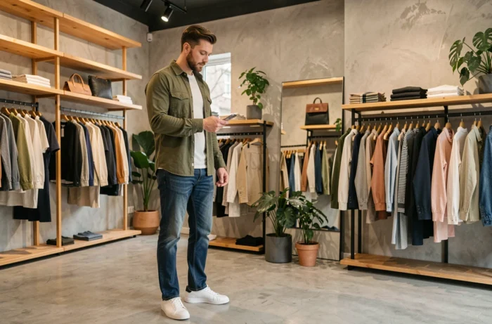 Homme stylé feuilletant des vêtements dans une boutique de mode contemporaine à Quimper avec des étagères en bois et un intérieur minimaliste