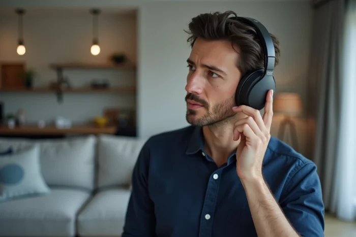 Homme appuyant sur le bouton d'allumage de son casque Sony pour activer le mode Bluetooth