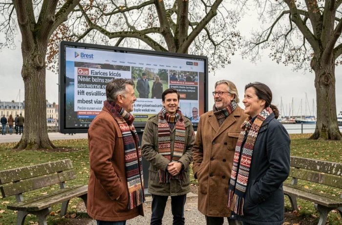 Groupe de Bretons réunis devant un écran géant diffusant des informations régionales dans un parc de Brest