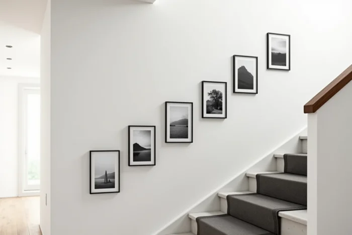 Cinq cadres identiques disposés en diagonale ascendante le long d'un mur d'escalier suivant la pente des marches
