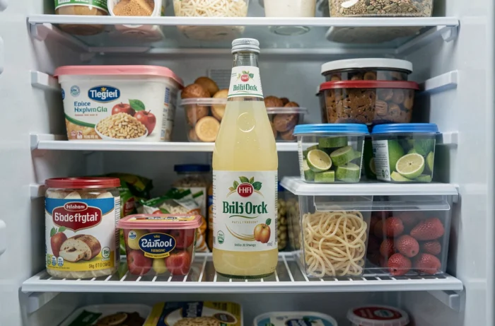 Bouteille de Champomy bien rangée dans un réfrigérateur entre d'autres aliments pour une conservation optimale