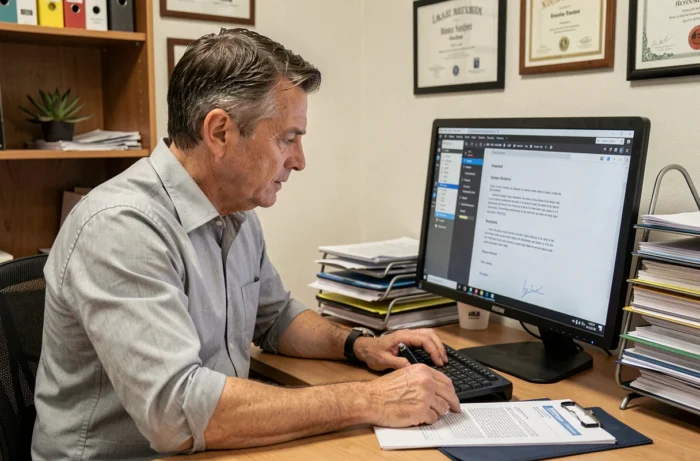 Chef d'entreprise d'une PME analysant un contrat numérique sur ordinateur dans un bureau professionnel organisé