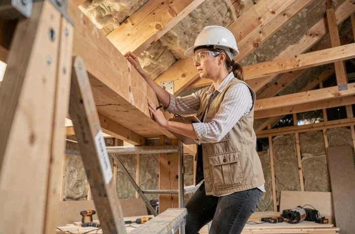 Femme cheffe de chantier inspectant les poutres en bois d'une maison en cours de rénovation