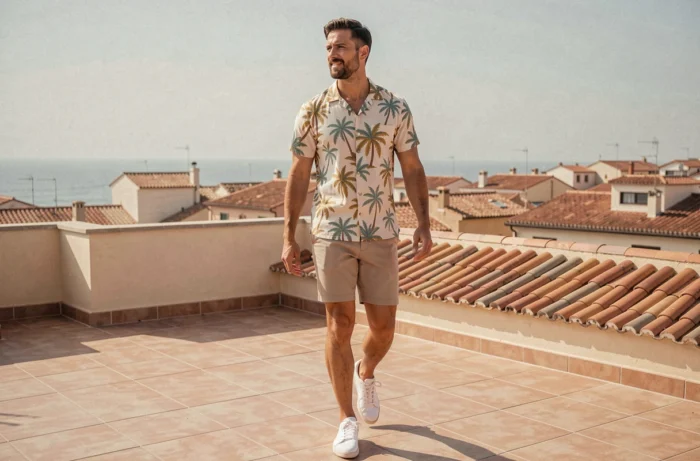 Homme en chemise hawaiienne col camp imprimé palmiers teal et moutarde sur terrasse méditerranéenne, style été tendance