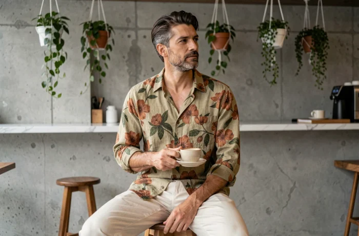 Homme portant une chemise lin fleurie terracotta dans un café minimaliste scandinave, chemise originale tendance 2024