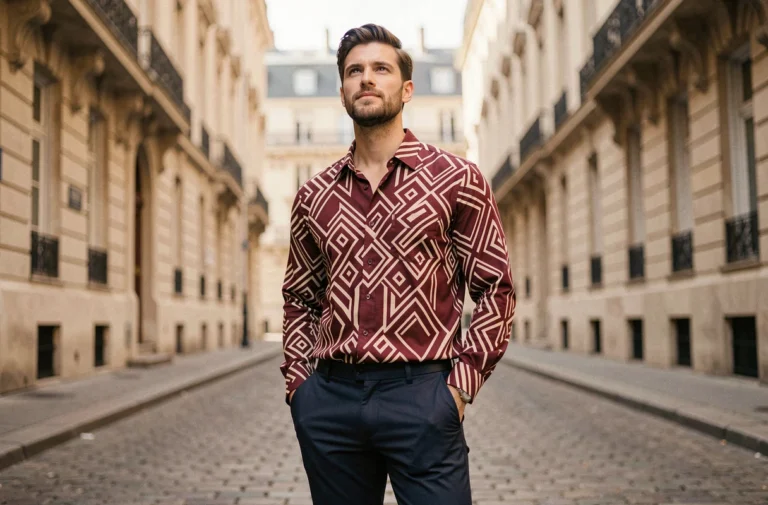 Homme en chemise originale à motifs géométriques bordeaux et ivoire dans une rue pavée parisienne, style tendance masculin