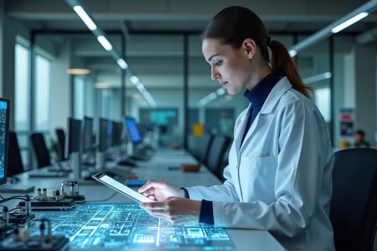 Femme chercheuse interagissant avec une interface technologique avancée dans un laboratoire d'innovation moderne