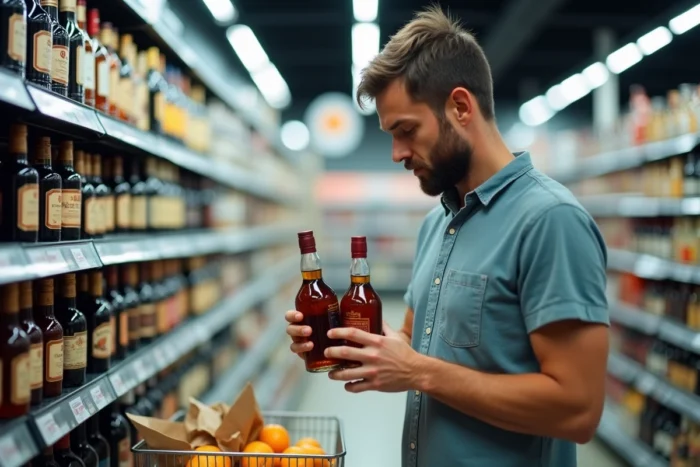 Homme comparant des bouteilles d'alcool dans le rayon spiritueux d'un supermarché Leclerc