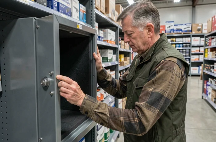 Homme examinant une armoire à fusil sécurisée en acier dans un magasin de bricolage type Brico Dépôt