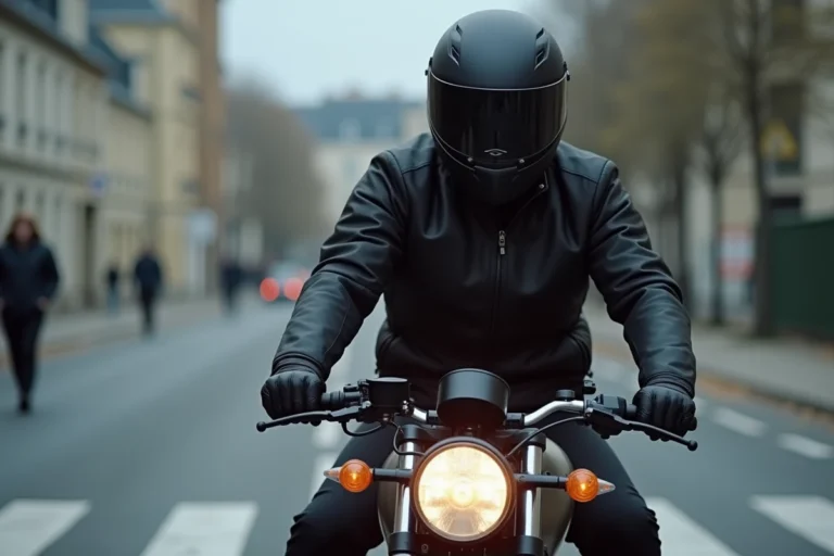 Motard activant le clignotant gauche de sa moto à un carrefour urbain en France