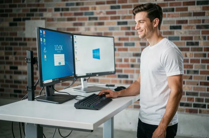 Jeune professionnel utilisant le code confidentiel Windows sur un PC de bureau en espace de travail moderne