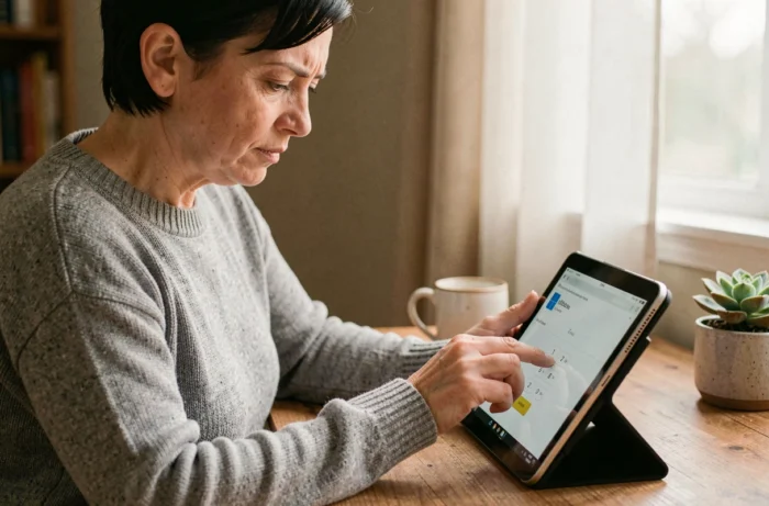 Femme saisissant un code PIN Microsoft sur une tablette Windows à domicile