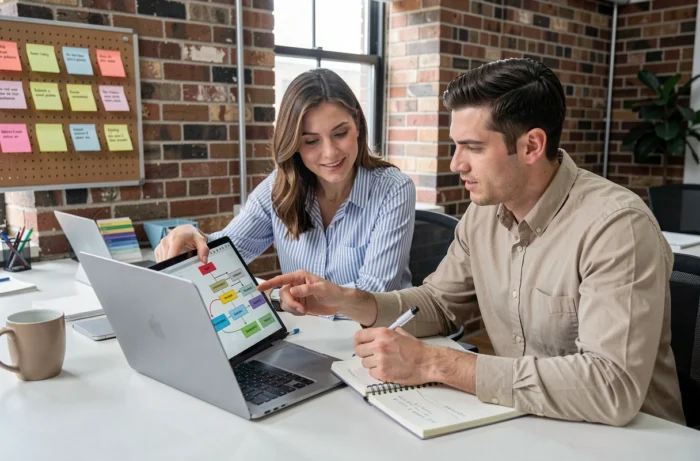 Deux collègues analysant ensemble le plan d'un site web sur un ordinateur portable dans un bureau partagé