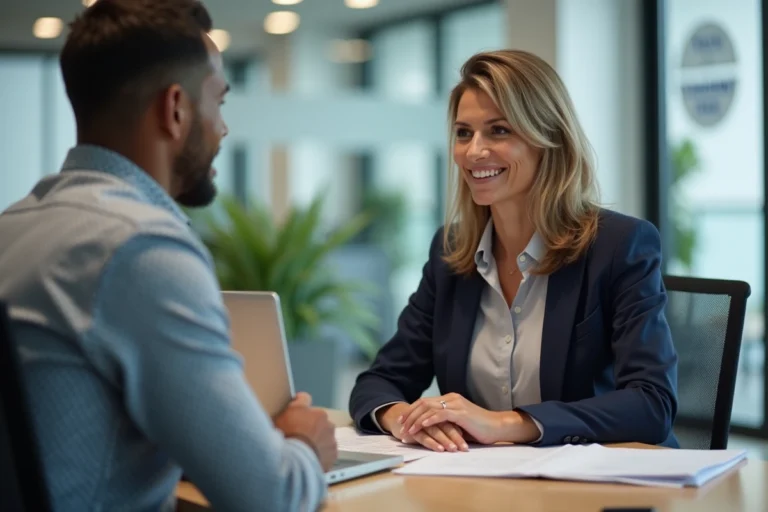 Conseillère Pôle emploi en rendez-vous d'orientation avec un demandeur d'emploi dans une agence moderne