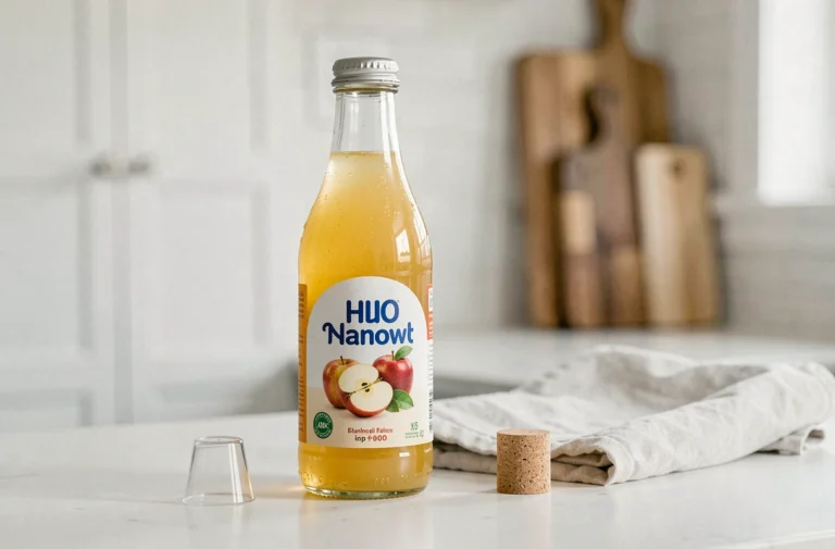 Bouteille de Champomy à moitié ouverte avec un bouchon hermétique sur un plan de travail de cuisine propre