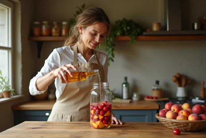 Femme versant de l'eau-de-vie dans un bocal de fruits frais dans une cuisine rustique française