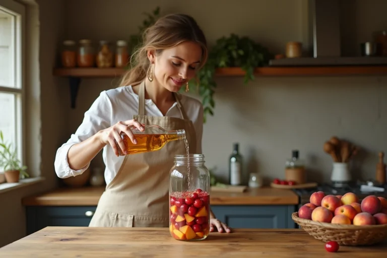 Femme versant de l'eau-de-vie dans un bocal de fruits frais dans une cuisine rustique française