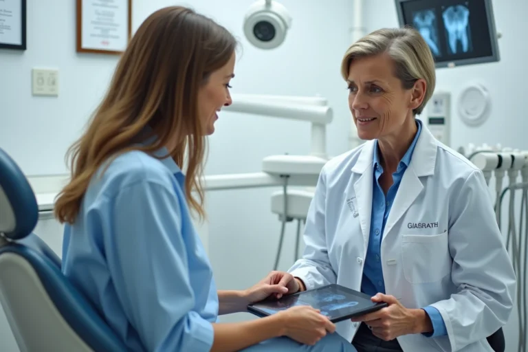 Patiente consultant un dentiste dans une clinique dentaire à l'étranger en examinant des documents médicaux sur une tablette
