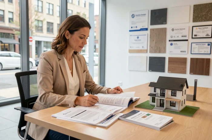 Femme consultant les documents de contrat avec un constructeur de maisons individuelles