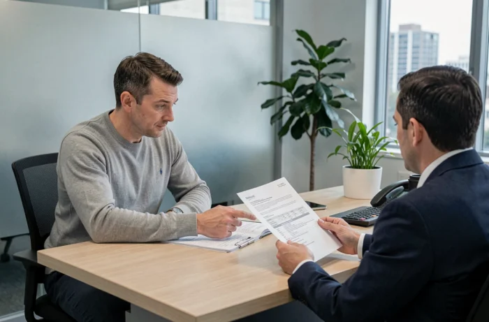 Homme en réunion avec un conseiller financier pour discuter d'un crédit adapté à ses besoins