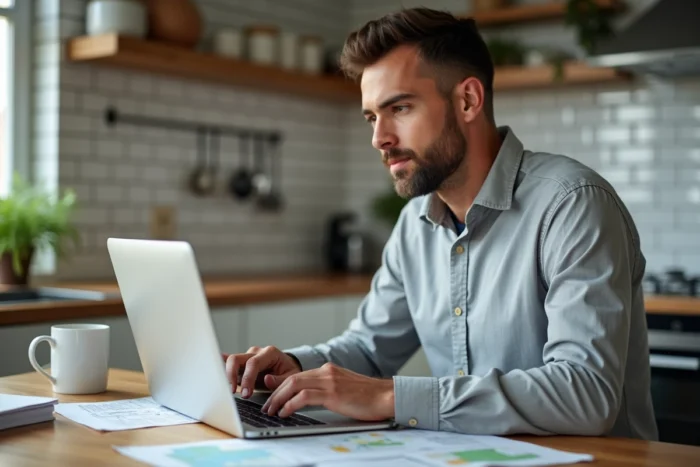 Homme consultant une revue foncière en ligne sur laptop à domicile avant un achat immobilier